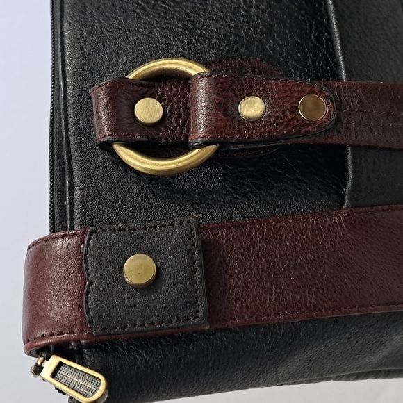 BESSEL Black & Brown Genuine Leather Shoulder Bag – Multi-Pocket, Brass Hardware - Picture 2 of 11